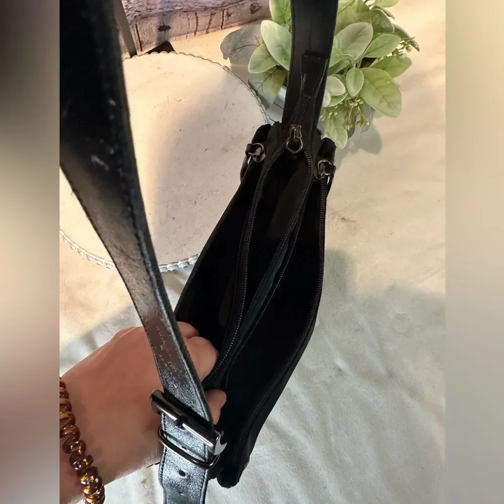 Coccinelle Black Leather and Nylon 3 Compartment Zip Shoulder Bag Made in Italy